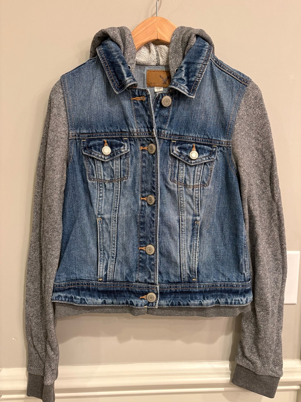 American Eagle Mixed Media Denim Hooded Jacket in Blue & Gray Size Small LikeNew